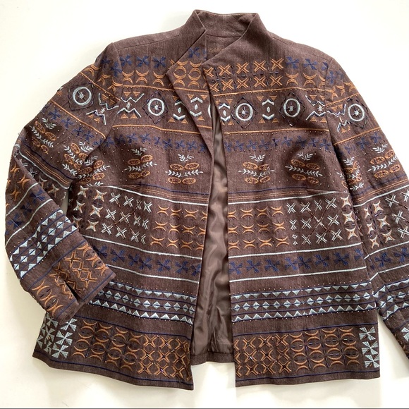 Coldwater Creek Brown Embroidered Beaded Aztec Open Blazer Jacket - Picture 8 of 8